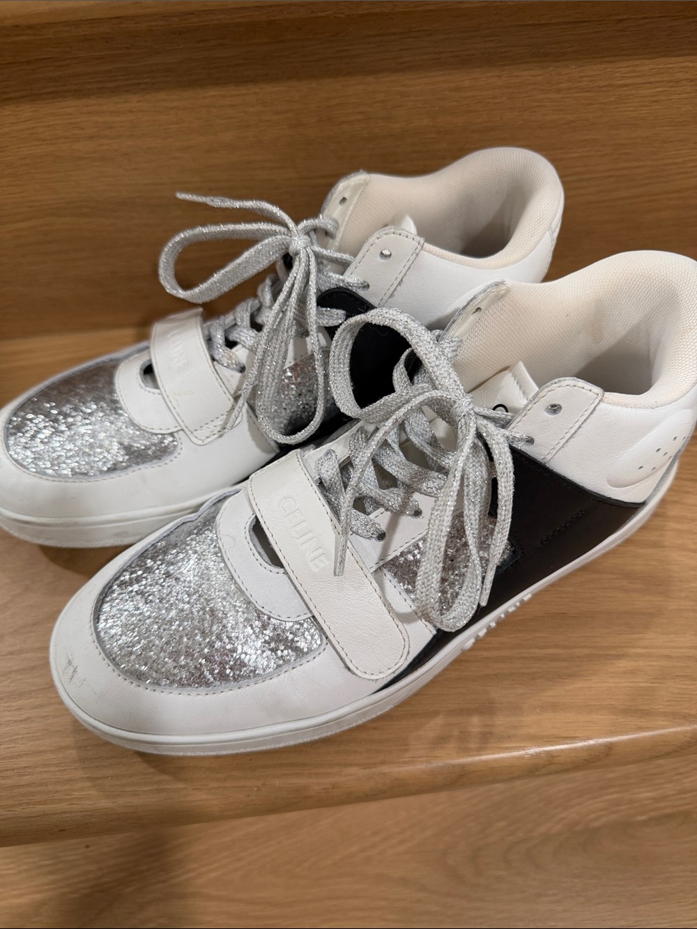 Celine White Sneakers with Silver Glitter & Black Panel sz 40